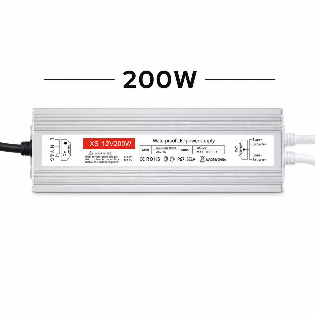LED power supply with 200W rating on a white background