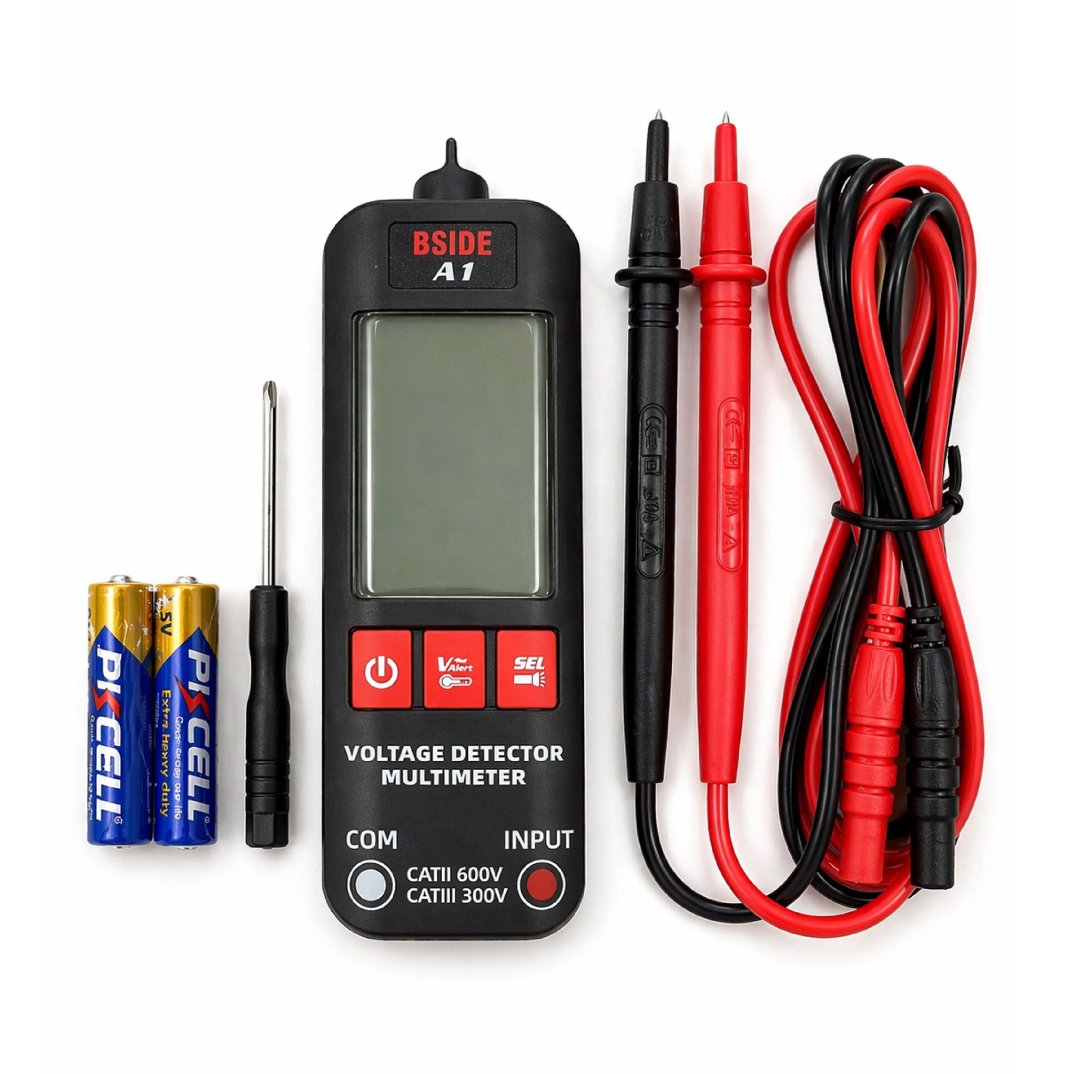 Multimeter with probes and batteries on a white background