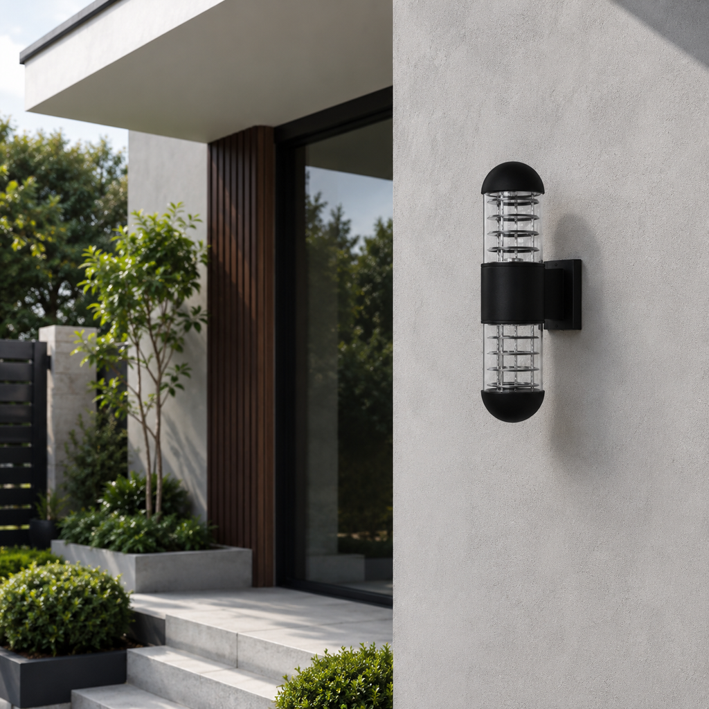 Cylindrical Outdoor Wall Lantern 2×E27 – Black | Double-Sided Exterior Wall Light Beirut