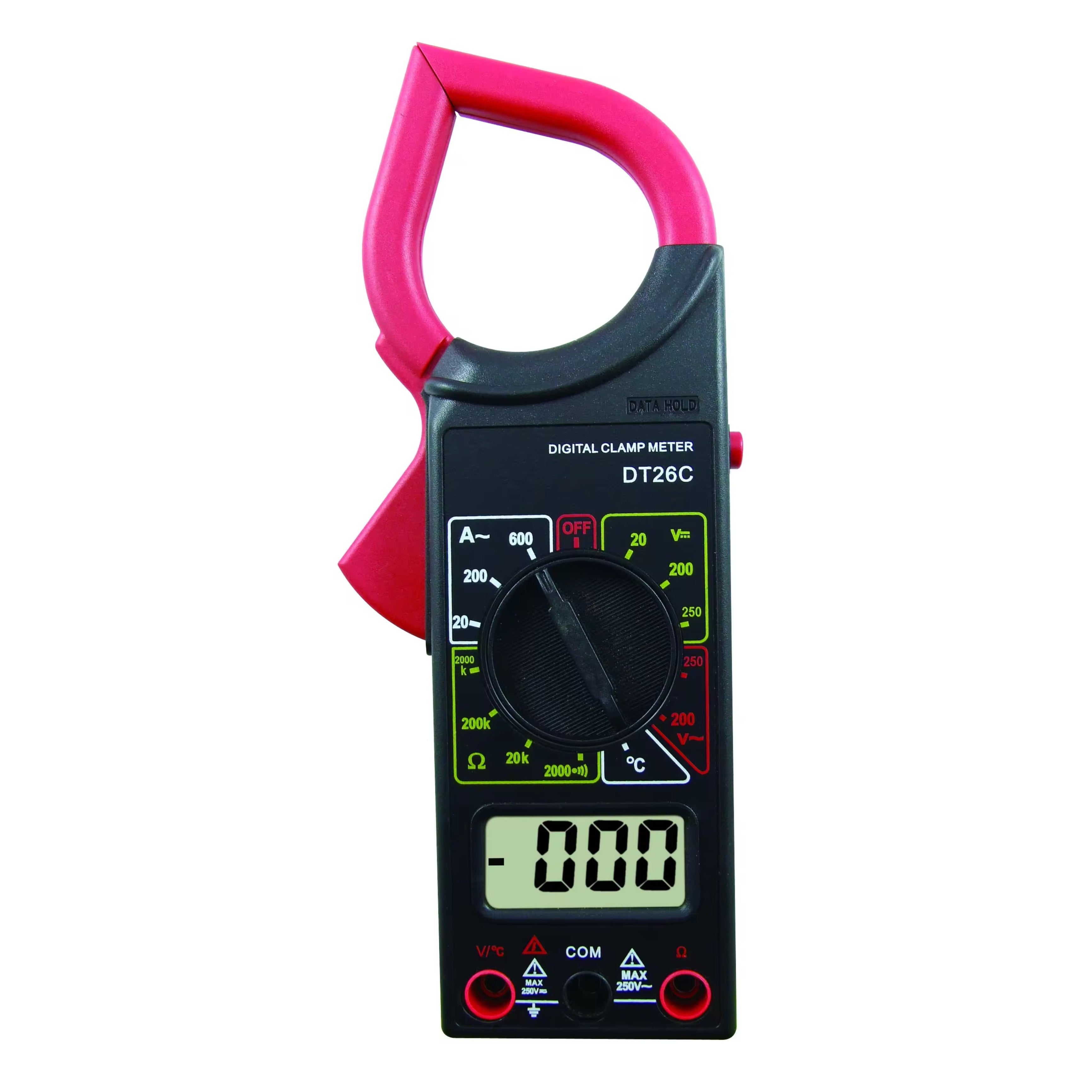 Digital clamp meter with pink handle on a white background