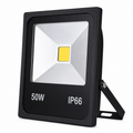 Black LED flood light with 50W and IP66 rating on a white background
