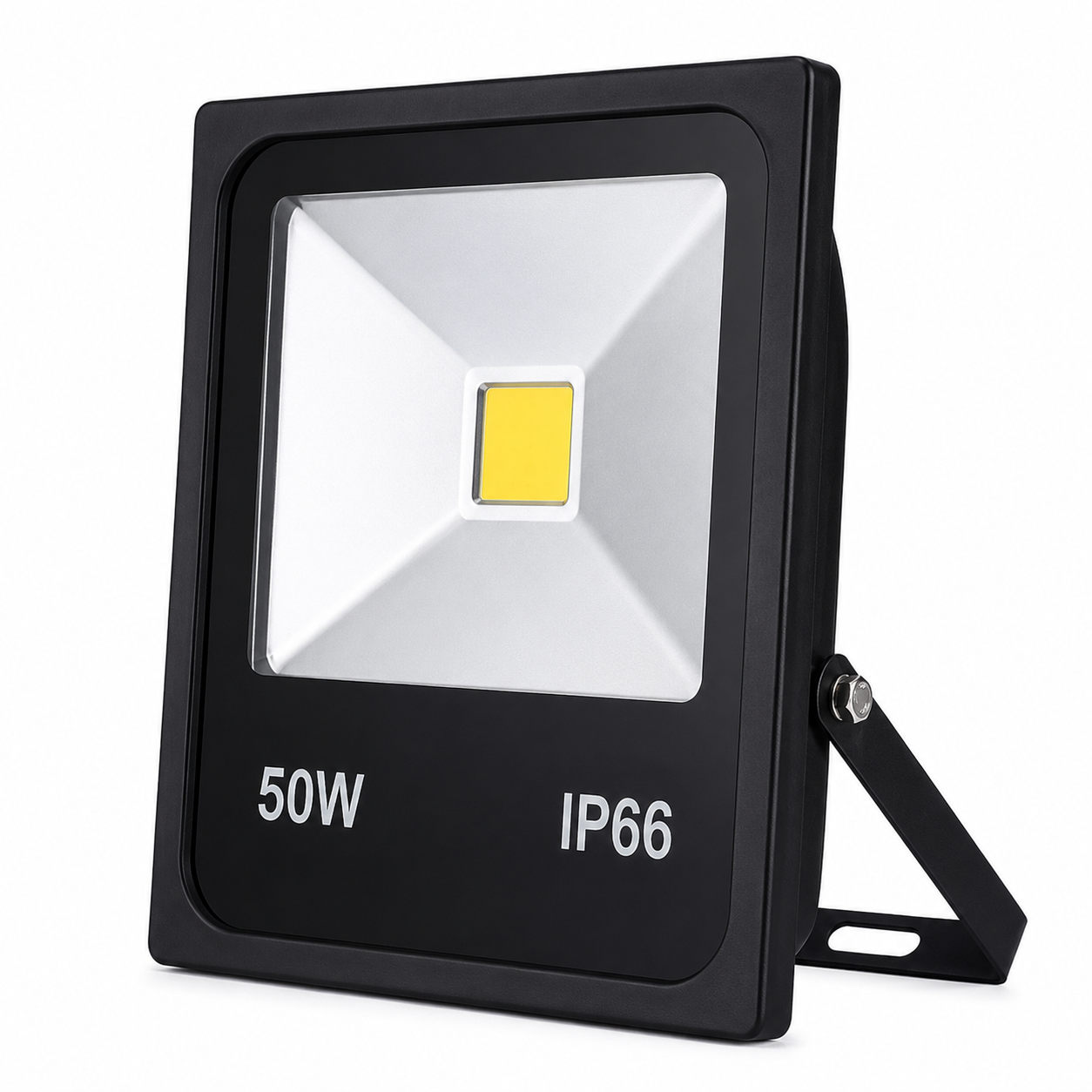 Black LED flood light with 50W and IP66 rating on a white background