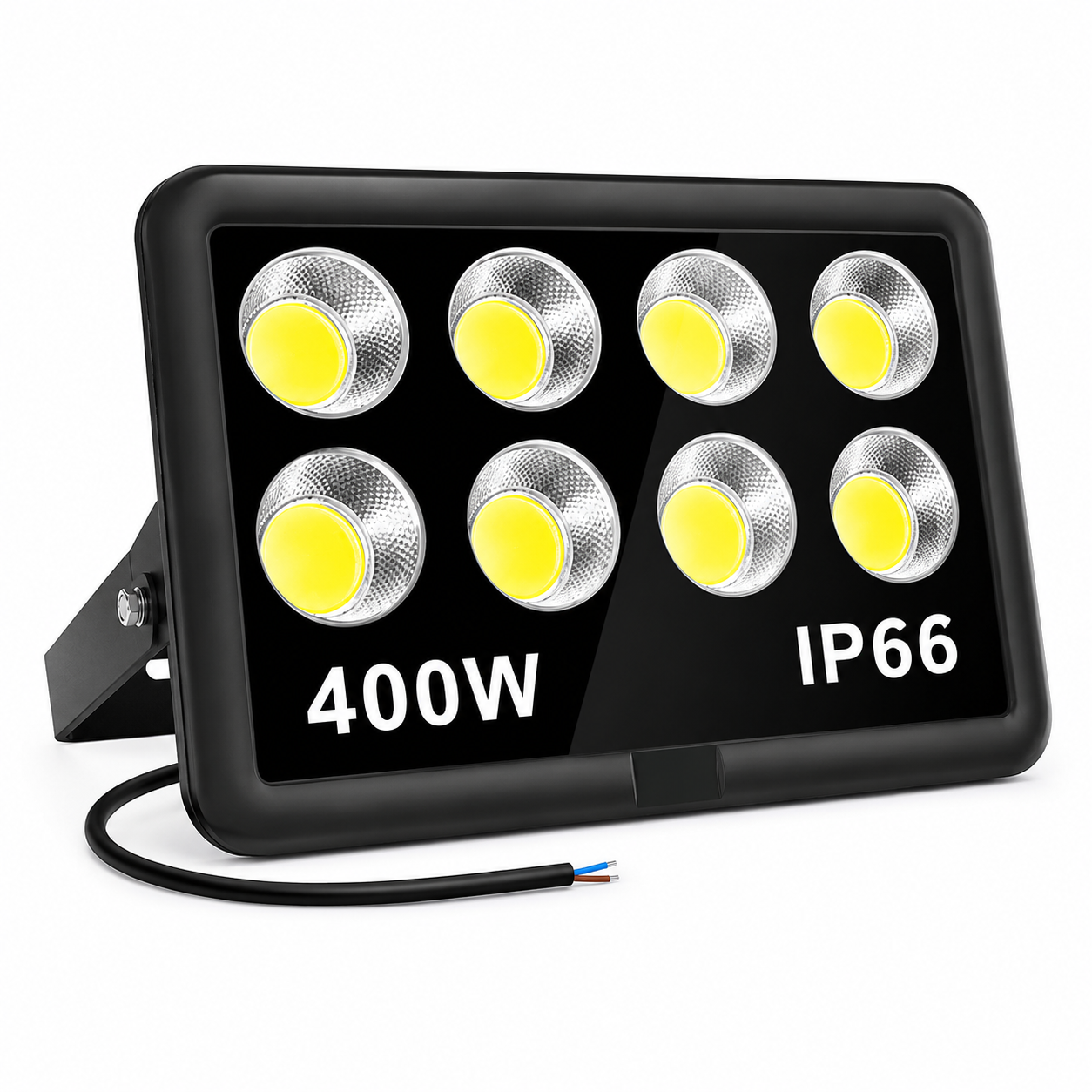 LED flood light with 8 yellow lights, 400W rating, and IP66 rating on a white background