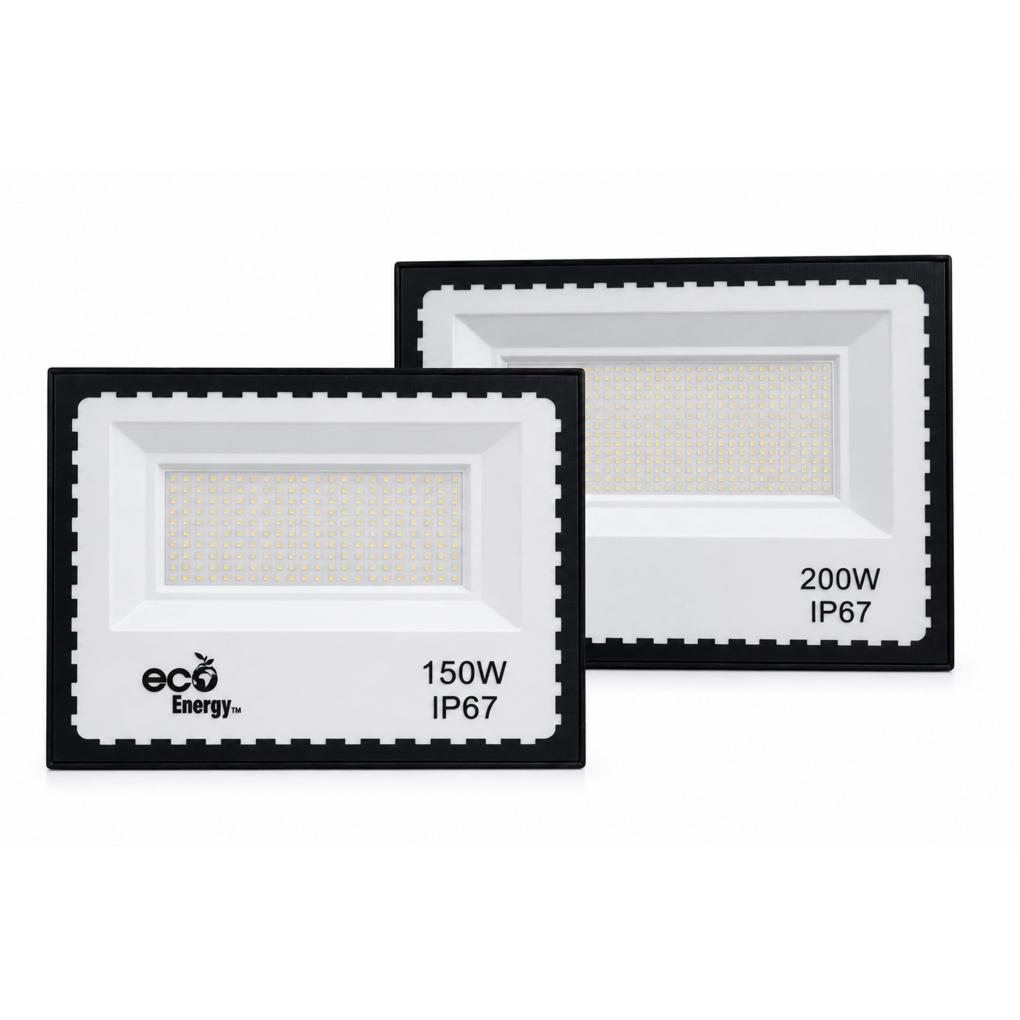Two LED flood lights with labeled wattage and IP rating on a white background