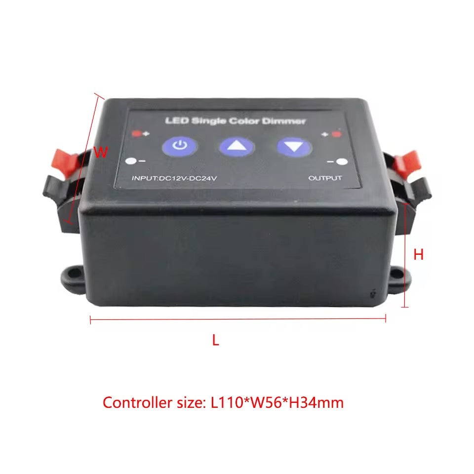 LED single color dimmer controller with dimensions on a white background