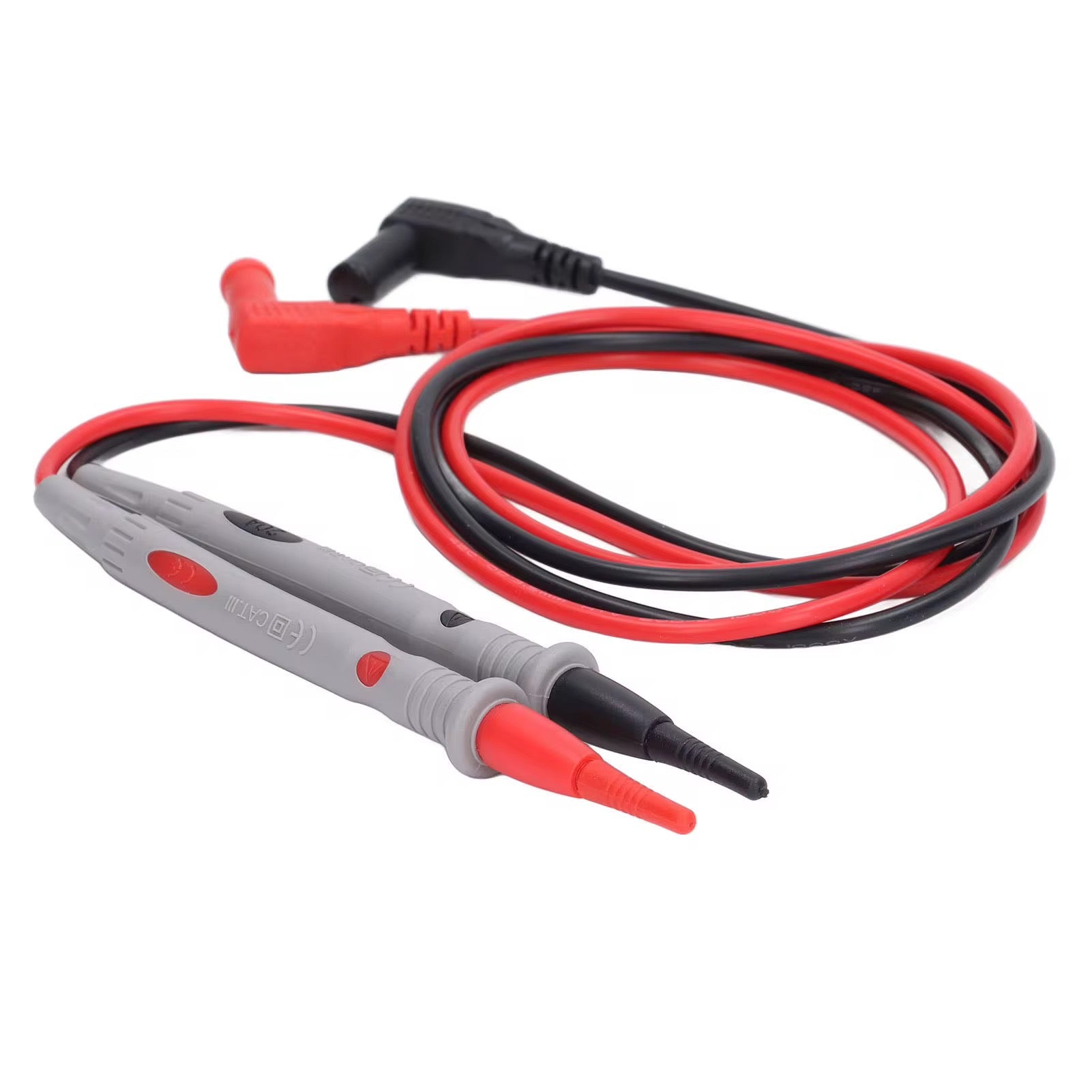 Electrical test probes with red and black cables on a white background