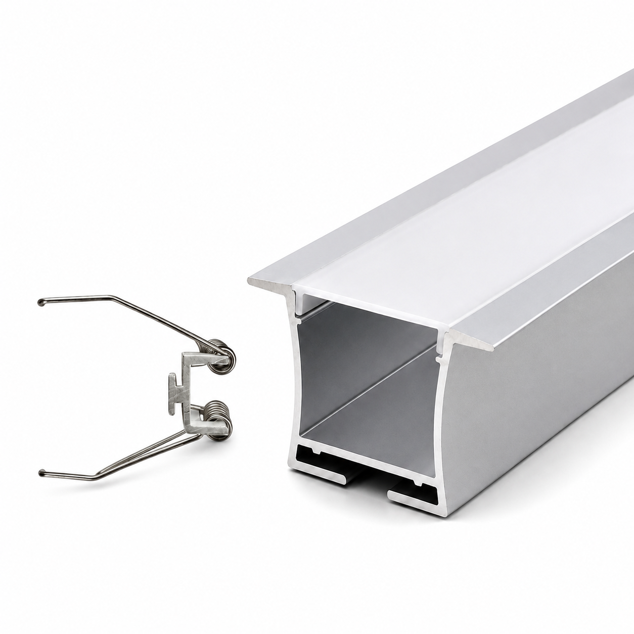 Metallic track lighting fixture on a white background