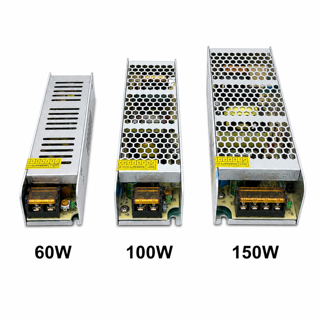 Three power supply units labeled 60W, 100W, and 150W on a white background.