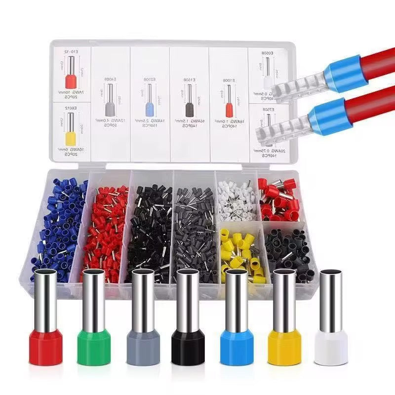 Assorted electrical connectors and tools in a clear organizer with labeled compartments.