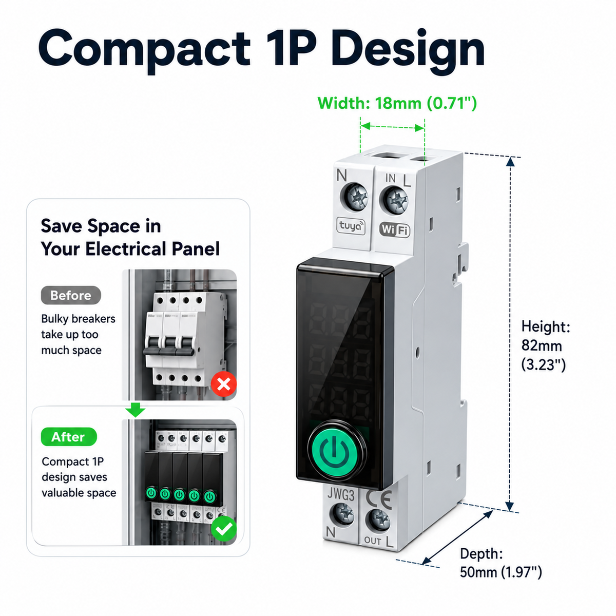 Tuya WiFi Smart Switch with V, A & Hz Meter Measures