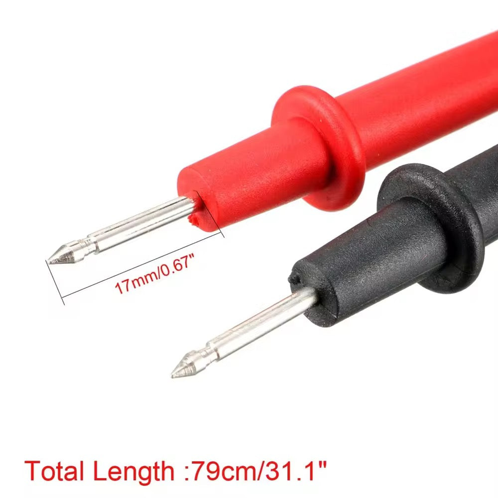 Two multimeter probes with red and black handles on a white background, showing measurement details.