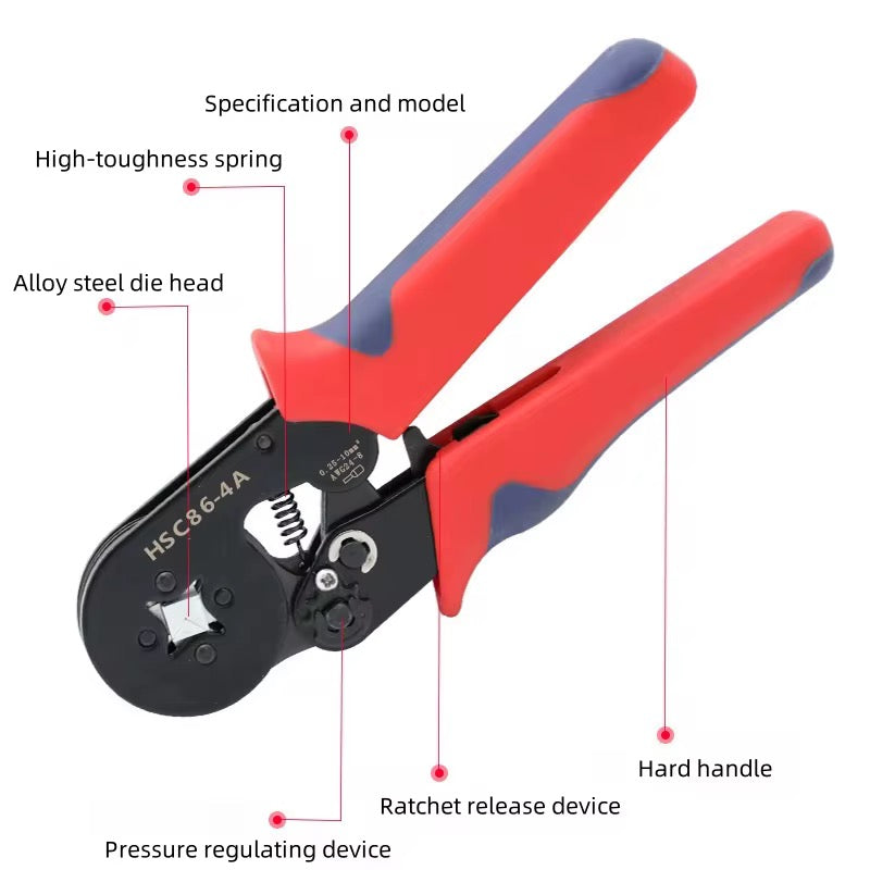Red crimping tool with labeled features on a white background