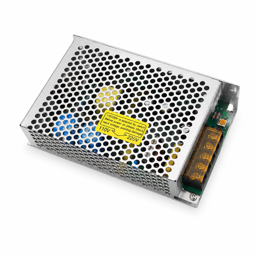 Power supply unit with perforated metal cover on a white background