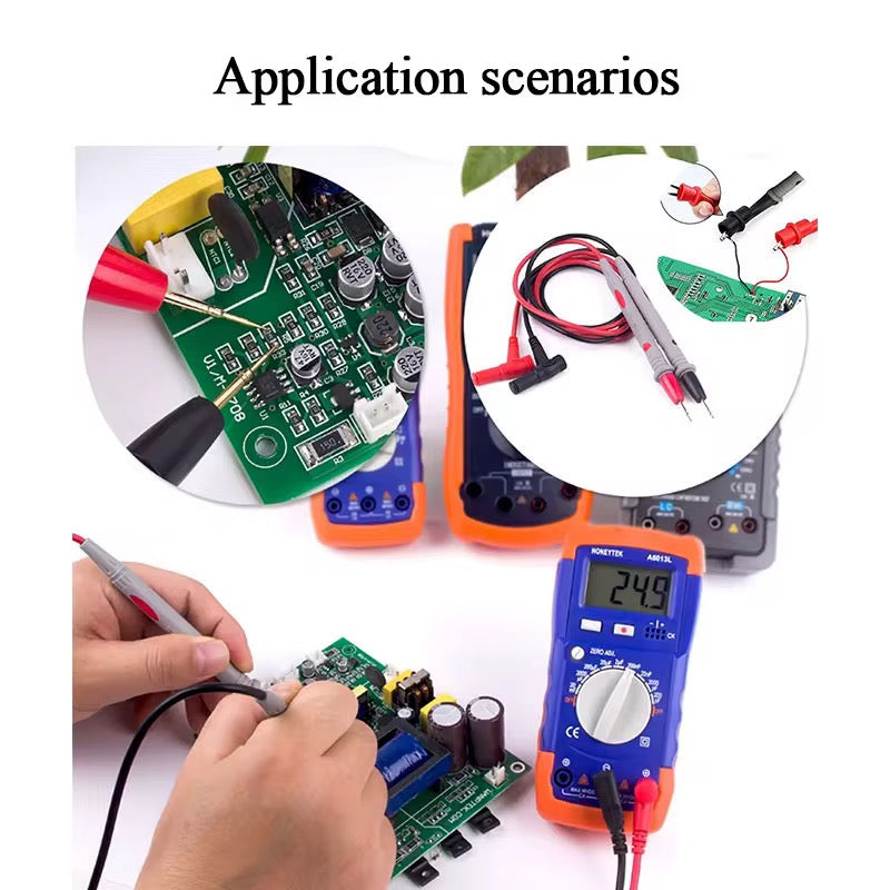 Multimeter testing electronic circuits with text 'Application scenarios' at the top.
